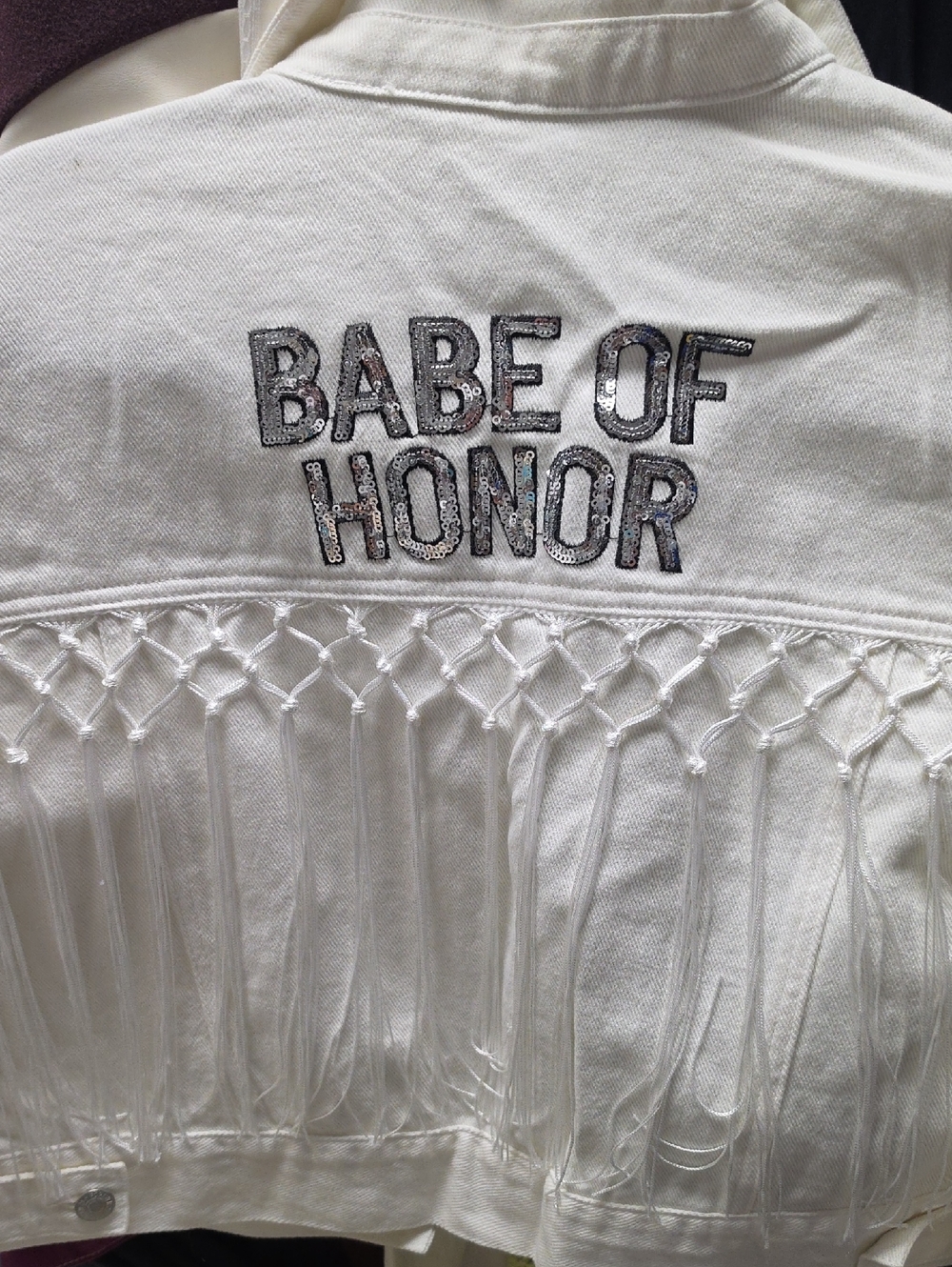 Forever 21 "Babe Of Honor" White Denim Jacket With Fringe Detail - Picture 2 of 5